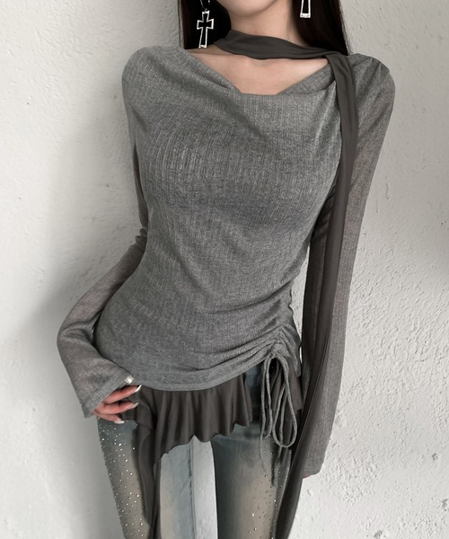 VEILA(ヴェイラ)の「チョーカーデザイン フリルシアーサイドドロスト長袖トップス(Tシャツ/カットソー・レディース・グレー/ブラック/ホワイト・フリー)」の11枚目の写真
