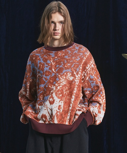 MAISON SPECIAL(メゾンスペシャル)の「《UNISEX》All-over Paisley Jacquard Prime-Over Crew Neck Knit Tops/ペイズリー総柄ジャガードプライムーオーバークルーネックニット【MAISON SPECIAL/メゾンスペシャル】(ニット/セーター・メンズ・オレンジ/ブラック・0/1/2)」の1枚目の写真