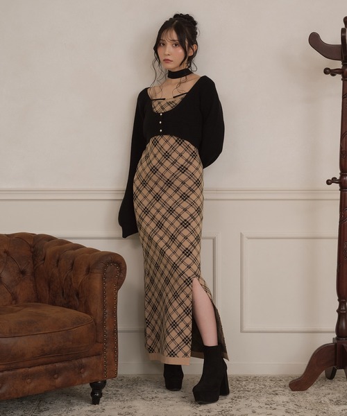 apres jour（アプレジュール）の「【3点セット】レイヤードチェックニットロングワンピース（ワンピース・レディース・ブラック/スモークピンク/ライトベージュ・SMALL/MEDIUM/X-LARGE）」の15枚目の写真