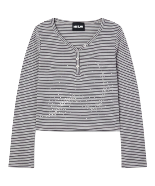 BORN SLIPPY(ボーンスリッピー)の「Future Wave ストライプ ヘンリーネック長袖Tシャツ(メランジグレー)(Tシャツ/カットソー・レディース・その他・FREE)」の5枚目の写真