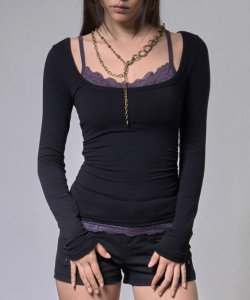 FANCY CLUB(ファンシークラブ)の「【FANCY CLUB】LACE LAYERED LONG SLEEVE / 【ファンシークラブ】レースレイヤード長袖Tシャツ(Tシャツ/カットソー・レディース・ブラック/アイボリー・ONE SIZE)」の7枚目の写真