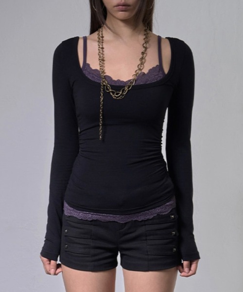 FANCY CLUB(ファンシークラブ)の「【FANCY CLUB】LACE LAYERED LONG SLEEVE / 【ファンシークラブ】レースレイヤード長袖Tシャツ(Tシャツ/カットソー・レディース・ブラック/アイボリー・ONE SIZE)」の9枚目の写真