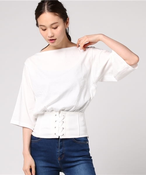 EGOIST（エゴイスト）の「コルセットカットトップ（Tシャツ/カットソー・レディース・グレー/ホワイト/ブラック・FREE）」の4枚目の写真