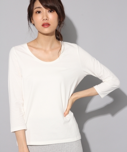 BLISS POINT（ブリスポイント）の「【アルガンオイル配合】Uネック8分袖Tシャツ/768671（Tシャツ/カットソー・レディース・ピンク/ブラウン/ブラック/ライトグレー/ホワイト・LARGE/MEDIUM/SMALL/X-LARGE）」の2枚目の写真