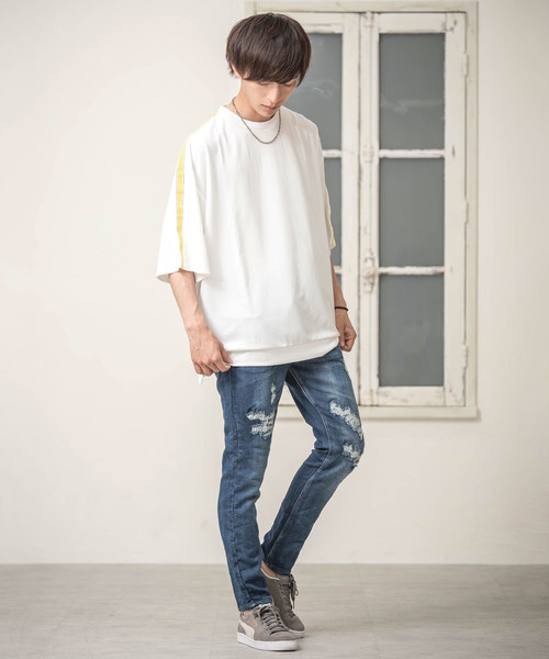 MinoriTY（マイノリティ）の「スウェットダメージデニムパンツ（デニムパンツ・メンズ・サックスブルー/インディゴブルー・S/M/L/XL）」の3枚目の写真