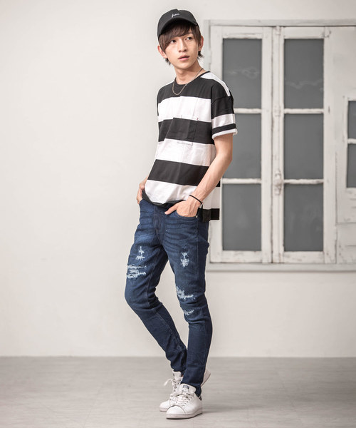 MinoriTY（マイノリティ）の「スウェットダメージデニムパンツ（デニムパンツ・メンズ・サックスブルー/インディゴブルー・S/M/L/XL）」の4枚目の写真