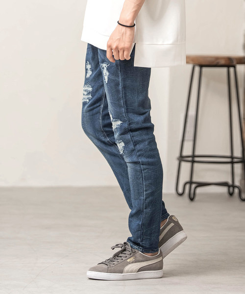 MinoriTY（マイノリティ）の「スウェットダメージデニムパンツ（デニムパンツ・メンズ・サックスブルー/インディゴブルー・S/M/L/XL）」の5枚目の写真