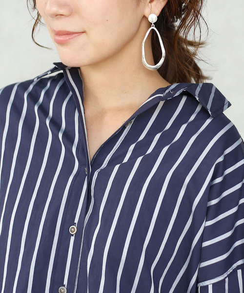 Bou Jeloud(ブージュルード)の「ビッグシルエットが可愛い◆ストライプロングシャツワンピース(ワンピース・レディース・キャメル/ネイビー・38)」の11枚目の写真