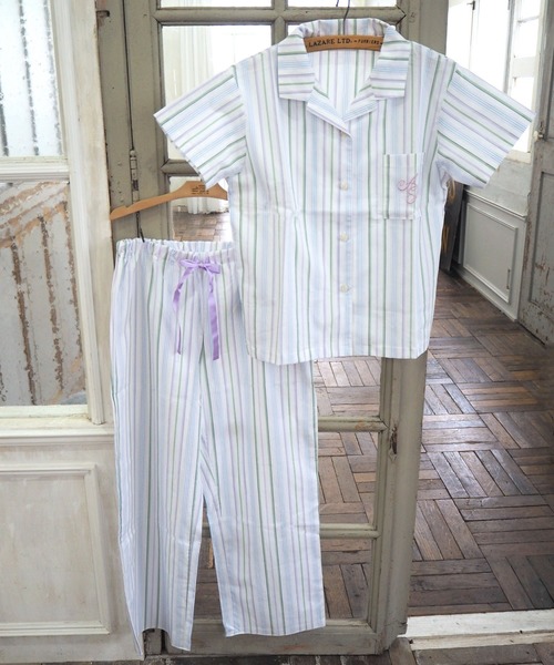 Amphi アンフィ の 綿100 ストライプ 前開き半袖シャツ パジャマ セットアップ ルームウェア Wear