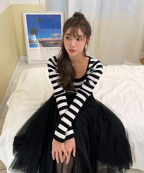 chuu（チュー）の「CHUU ボーダーリブニットソー（Tシャツ/カットソー・レディース・アイボリー/ブラック/ブラック×ホワイト/パープル・FREE）」の5枚目の写真