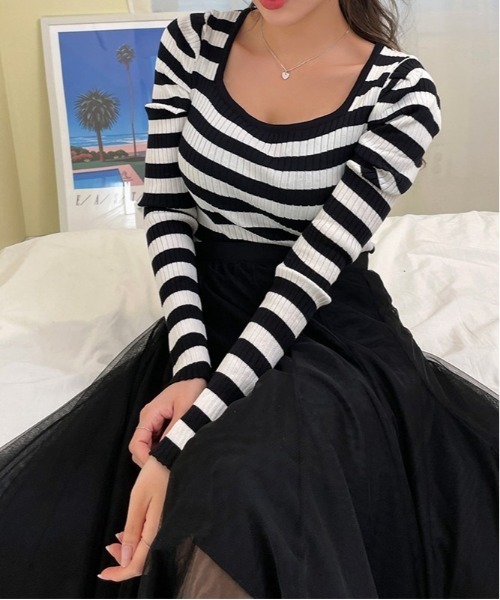 chuu（チュー）の「CHUU ボーダーリブニットソー（Tシャツ/カットソー・レディース・アイボリー/ブラック/ブラック×ホワイト/パープル・FREE）」の9枚目の写真