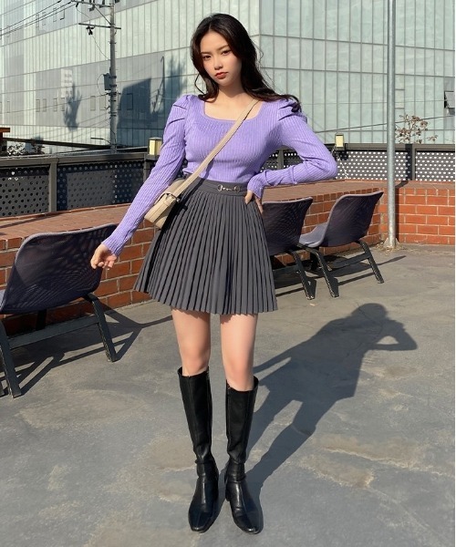 chuu（チュー）の「CHUU ボーダーリブニットソー（Tシャツ/カットソー・レディース・アイボリー/ブラック/ブラック×ホワイト/パープル・FREE）」の21枚目の写真