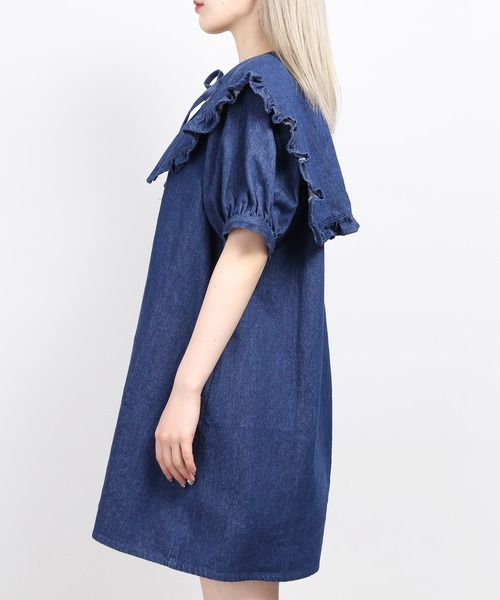 青 シャツワンピース 半袖 リボン付き リボン半袖シャツワンピース・全