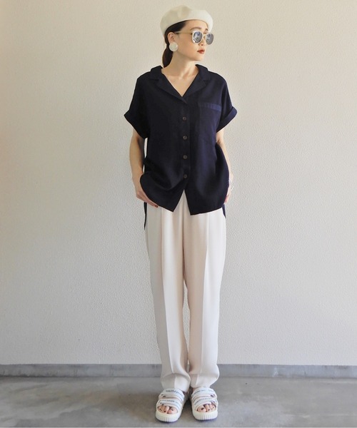 y/m by Yukie(イムバイユキエ)の「スラブツイルオープンカラーシャツ(シャツ/ブラウス・レディース・ベージュ/ネイビー・FREE)」の5枚目の写真