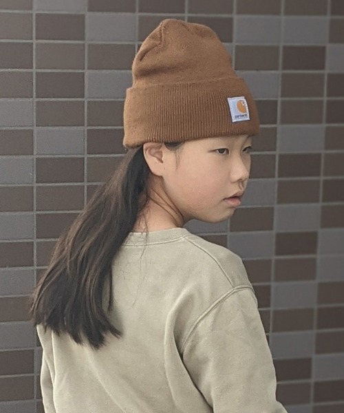 Carhartt（カーハート）の「Carhartt/カーハート　キッズ　ワンポイントロゴ ニットワッチ（ニットキャップ/ビーニー・キッズ・ブラック/ブラウン/カーキ/オレンジ/ピンク/サックスブルー・FREE）」の2枚目の写真