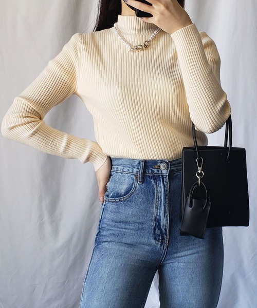 me+em select(ミームセレクト)の「プチハイネックリブニットトップス(ニット/セーター・レディース・ブラック/ベージュ/グレー/グリーン・FREE)」の4枚目の写真