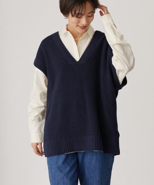 AMERICAN HOLIC（アメリカンホリック）の「Vネック片畦ニットプルオーバー（ベスト・レディース・ネイビー/アイボリー・M/L）」の2枚目の写真