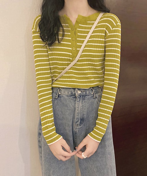 Dita(ディータ)の「スリムフィットヘンリーネックボーダートップス(Tシャツ/カットソー・レディース・ブルー/ブラック/ライトグリーン/ホワイト・FREE)」の4枚目の写真