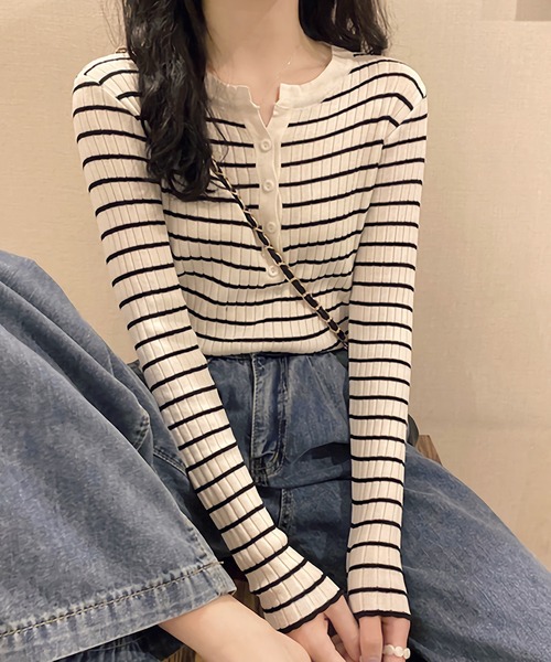 Dita(ディータ)の「スリムフィットヘンリーネックボーダートップス(Tシャツ/カットソー・レディース・ブルー/ブラック/ライトグリーン/ホワイト・FREE)」の19枚目の写真