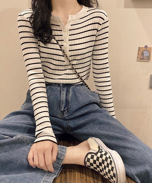 Dita(ディータ)の「スリムフィットヘンリーネックボーダートップス(Tシャツ/カットソー・レディース・ブルー/ブラック/ライトグリーン/ホワイト・FREE)」の20枚目の写真