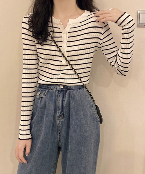Dita(ディータ)の「スリムフィットヘンリーネックボーダートップス(Tシャツ/カットソー・レディース・ブルー/ブラック/ライトグリーン/ホワイト・FREE)」の21枚目の写真