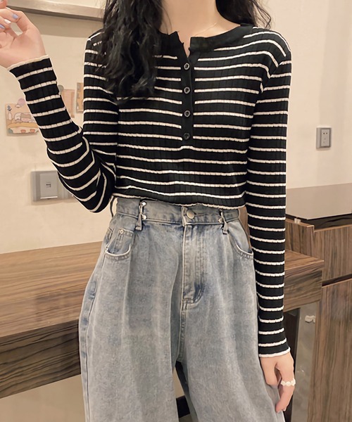 Dita(ディータ)の「スリムフィットヘンリーネックボーダートップス(Tシャツ/カットソー・レディース・ブルー/ブラック/ライトグリーン/ホワイト・FREE)」の7枚目の写真
