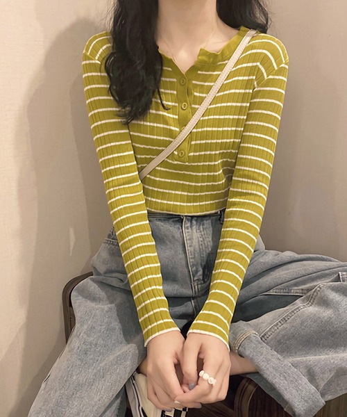 Dita(ディータ)の「スリムフィットヘンリーネックボーダートップス(Tシャツ/カットソー・レディース・ブルー/ブラック/ライトグリーン/ホワイト・FREE)」の8枚目の写真