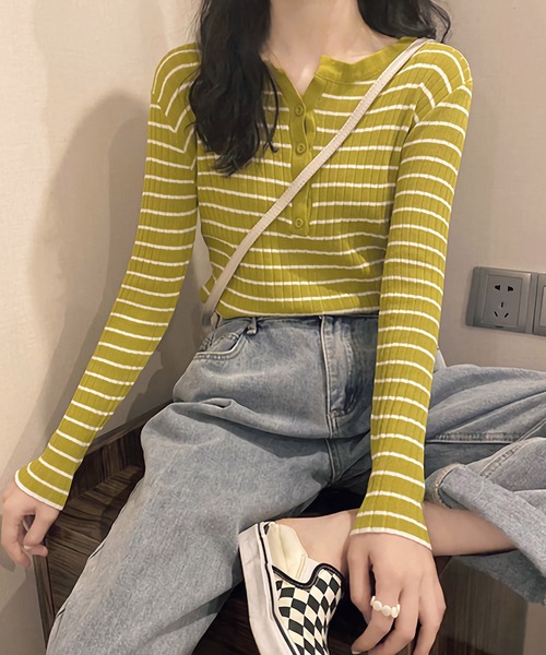 Dita(ディータ)の「スリムフィットヘンリーネックボーダートップス(Tシャツ/カットソー・レディース・ブルー/ブラック/ライトグリーン/ホワイト・FREE)」の9枚目の写真