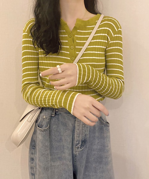 Dita(ディータ)の「スリムフィットヘンリーネックボーダートップス(Tシャツ/カットソー・レディース・ブルー/ブラック/ライトグリーン/ホワイト・FREE)」の10枚目の写真
