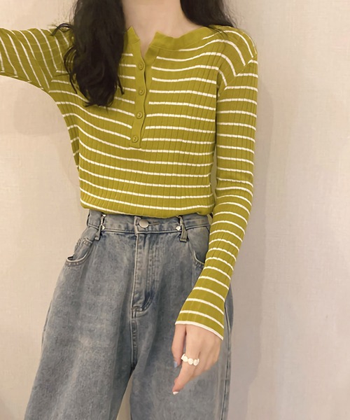 Dita(ディータ)の「スリムフィットヘンリーネックボーダートップス(Tシャツ/カットソー・レディース・ブルー/ブラック/ライトグリーン/ホワイト・FREE)」の11枚目の写真