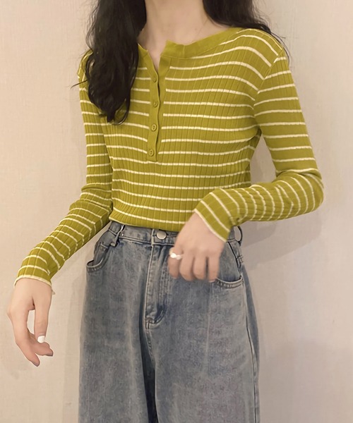 Dita(ディータ)の「スリムフィットヘンリーネックボーダートップス(Tシャツ/カットソー・レディース・ブルー/ブラック/ライトグリーン/ホワイト・FREE)」の12枚目の写真