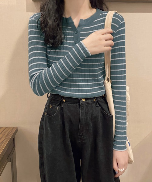 Dita(ディータ)の「スリムフィットヘンリーネックボーダートップス(Tシャツ/カットソー・レディース・ブルー/ブラック/ライトグリーン/ホワイト・FREE)」の13枚目の写真