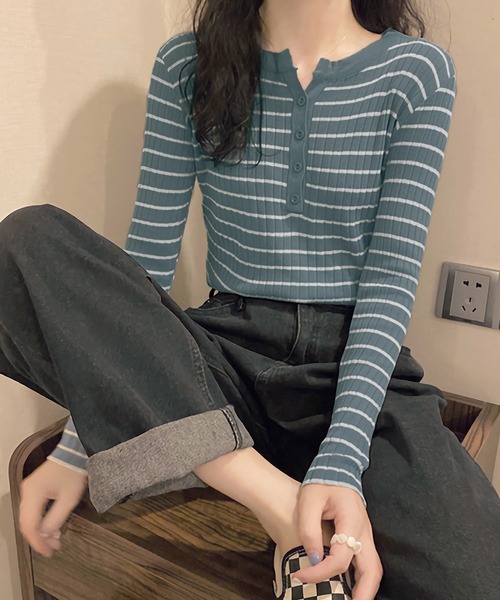 Dita(ディータ)の「スリムフィットヘンリーネックボーダートップス(Tシャツ/カットソー・レディース・ブルー/ブラック/ライトグリーン/ホワイト・FREE)」の15枚目の写真