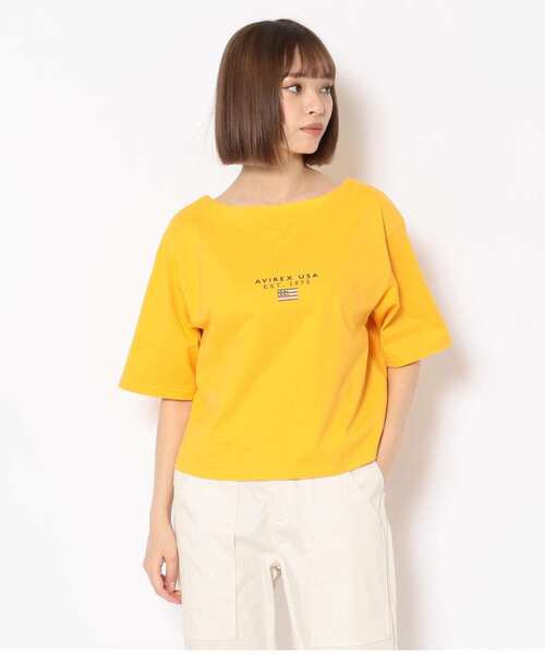AVIREX(アヴィレックス)の「BLOCK LOGO T-SHIRT/ ブロックロゴティーシャツ(Tシャツ/カットソー・レディース・イエロー/ネイビー/ホワイト・FREE)」の4枚目の写真