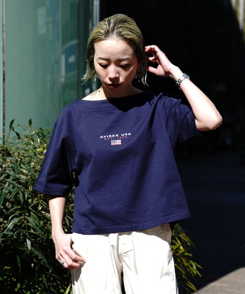 AVIREX(アヴィレックス)の「BLOCK LOGO T-SHIRT/ ブロックロゴティーシャツ(Tシャツ/カットソー・レディース・イエロー/ネイビー/ホワイト・FREE)」の1枚目の写真