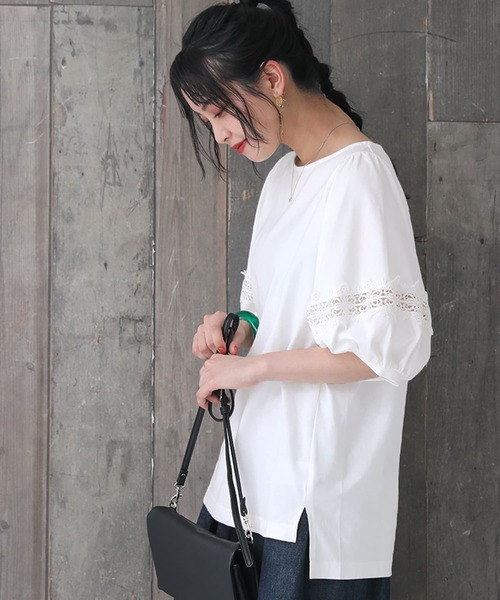 n'OrLABEL(ノアールレーベル)の「袖レースデザイン5分袖カットソー(Tシャツ/カットソー・レディース・グレイッシュブルー/オフホワイト/ブラック/モカ・1/2)」の12枚目の写真