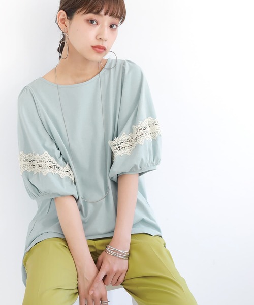 n'OrLABEL(ノアールレーベル)の「袖レースデザイン5分袖カットソー(Tシャツ/カットソー・レディース・グレイッシュブルー/オフホワイト/ブラック/モカ・1/2)」の5枚目の写真