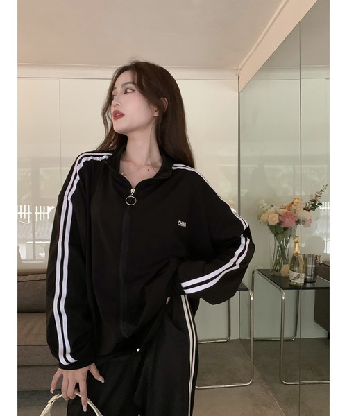 DEVICE(デバイス)の「ダブルライン シンプル ジャージ セットアップ トラックジャケット + トラックパンツ 上下2点セット (セットアップ可)(ジャージ・レディース・ブルー/ブラック・FREE)」の17枚目の写真