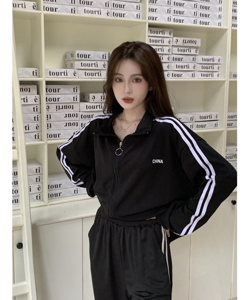 DEVICE(デバイス)の「ダブルライン シンプル ジャージ セットアップ トラックジャケット + トラックパンツ 上下2点セット (セットアップ可)(ジャージ・レディース・ブルー/ブラック・FREE)」の11枚目の写真