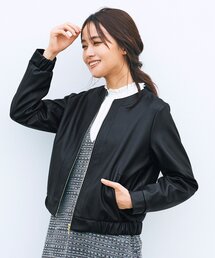 ◆ノーカラーフェイクレザーブルゾン