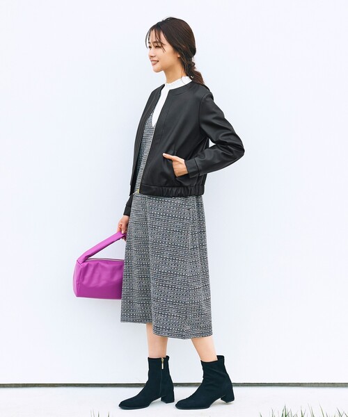 grove（グローブ）の「◆ノーカラーフェイクレザーブルゾン（ライダースジャケット・レディース・ブラック・02/03/01/05/04）」の2枚目の写真