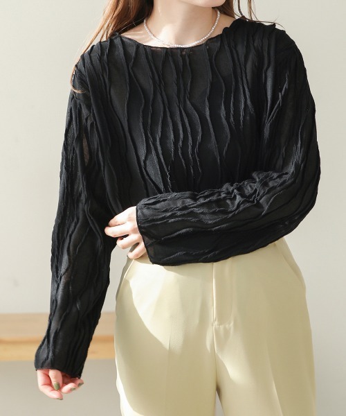 Bab（バブ）の「シワシワトップス（Tシャツ/カットソー・レディース・ブラック/アイボリー/ライトグリーン/パープル/ベージュ・FREE）」の3枚目の写真