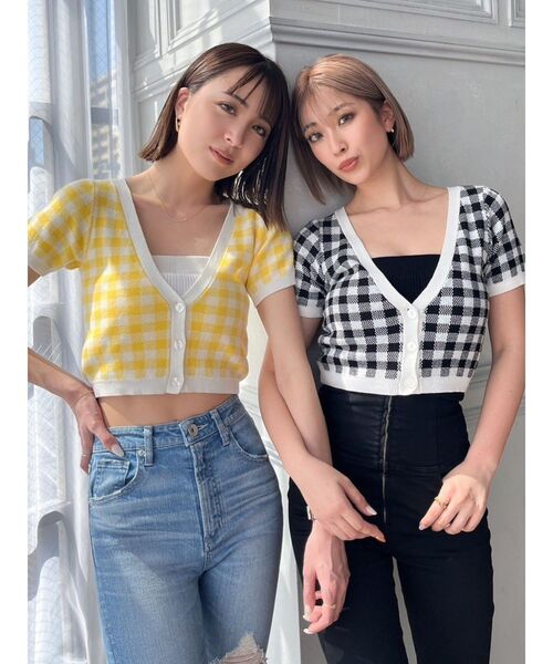 GYDA(ジェイダ)の「ギンガムチェックVネックニットカーディガン(カーディガン/ボレロ・レディース・ブラック/イエロー・FREE)」の3枚目の写真