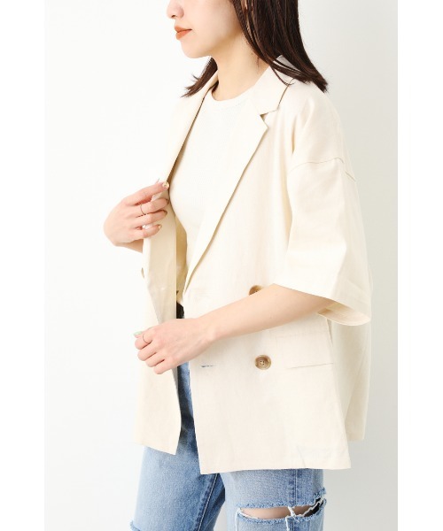 RODEO CROWNS WIDE BOWL（ロデオクラウンズワイドボウル）の「ハーフスリーブリネンジャケット（テーラードジャケット・レディース・ブラウン/アイボリー・FREE）」の7枚目の写真