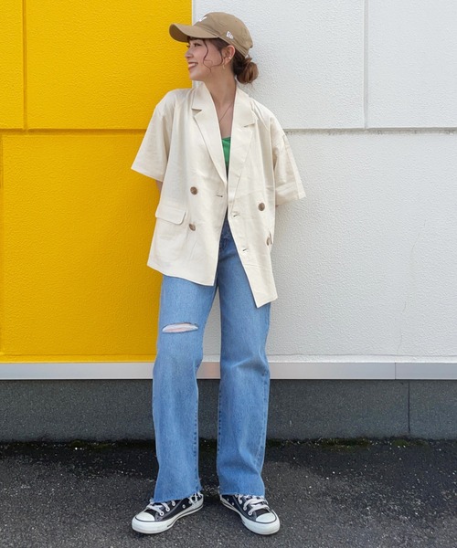 RODEO CROWNS WIDE BOWL（ロデオクラウンズワイドボウル）の「ハーフスリーブリネンジャケット（テーラードジャケット・レディース・ブラウン/アイボリー・FREE）」の15枚目の写真