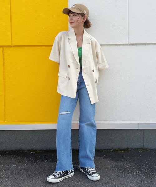 RODEO CROWNS WIDE BOWL（ロデオクラウンズワイドボウル）の「ハーフスリーブリネンジャケット（テーラードジャケット・レディース・ブラウン/アイボリー・FREE）」の16枚目の写真