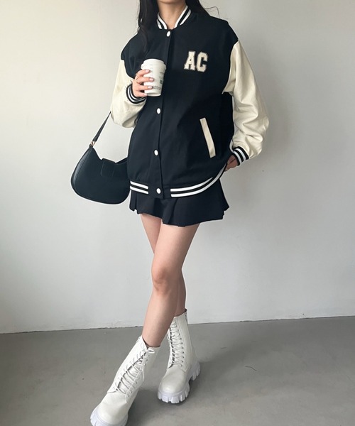 CLEA（クレア）の「ワンポイント刺繍 配色オーバーサイズスタジャン（スタジャン・レディース・ブラック/アイボリー・FREE）」の18枚目の写真