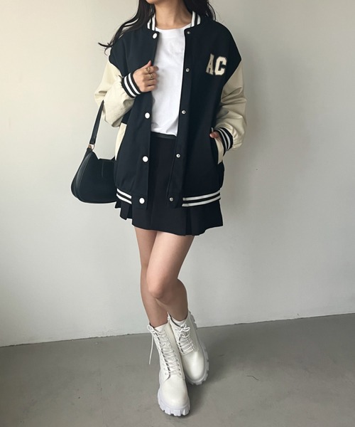 CLEA（クレア）の「ワンポイント刺繍 配色オーバーサイズスタジャン（スタジャン・レディース・ブラック/アイボリー・FREE）」の16枚目の写真