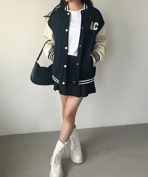 CLEA（クレア）の「ワンポイント刺繍 配色オーバーサイズスタジャン（スタジャン・レディース・ブラック/アイボリー・FREE）」の17枚目の写真