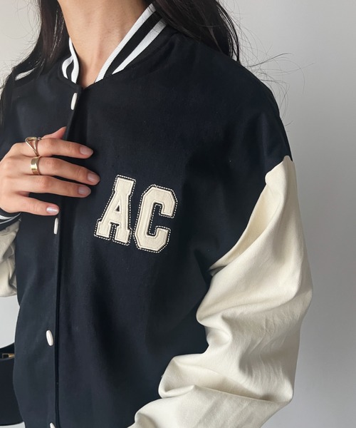 CLEA（クレア）の「ワンポイント刺繍 配色オーバーサイズスタジャン（スタジャン・レディース・ブラック/アイボリー・FREE）」の12枚目の写真